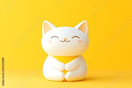Adorable White Kitten Sitting on Yellow Background Happy Smiling Cat 3D Render