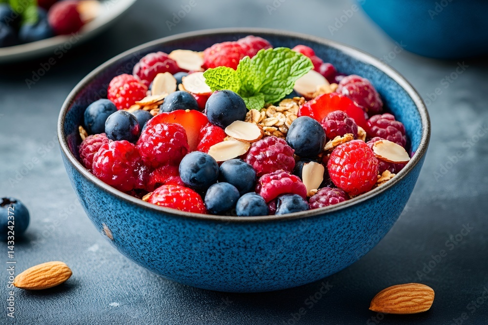 Blue bowl brimming with fresh berries, almonds, and granola for a healthy breakfast