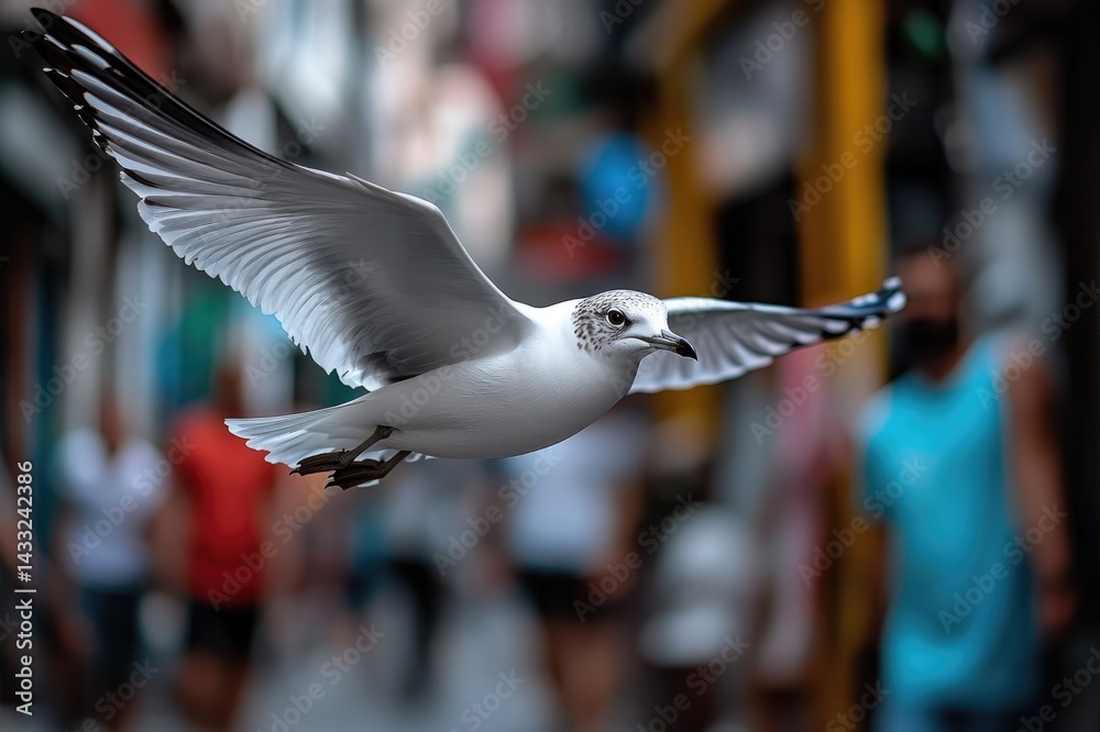 Seagull flying over blurred street with open wings