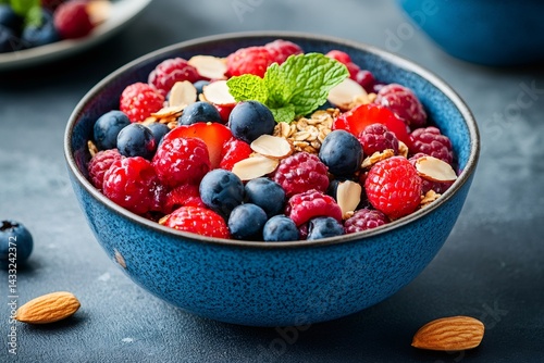 Blue bowl brimming with fresh berries, almonds, and granola for a healthy breakfast