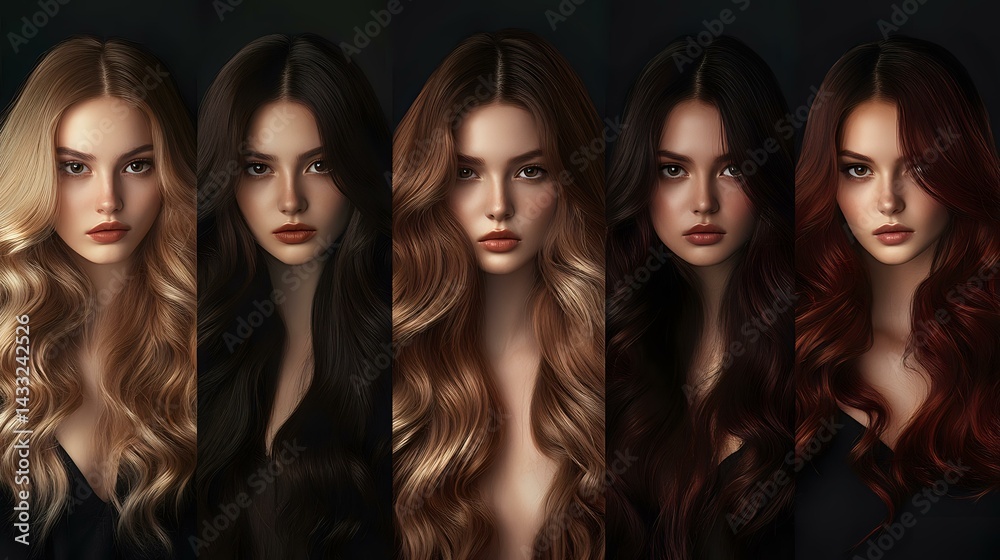 Obraz premium Five women with different shades of long wavy hair from blonde to dark brown and auburn red, showing professional hairstyling and color variations against black background.