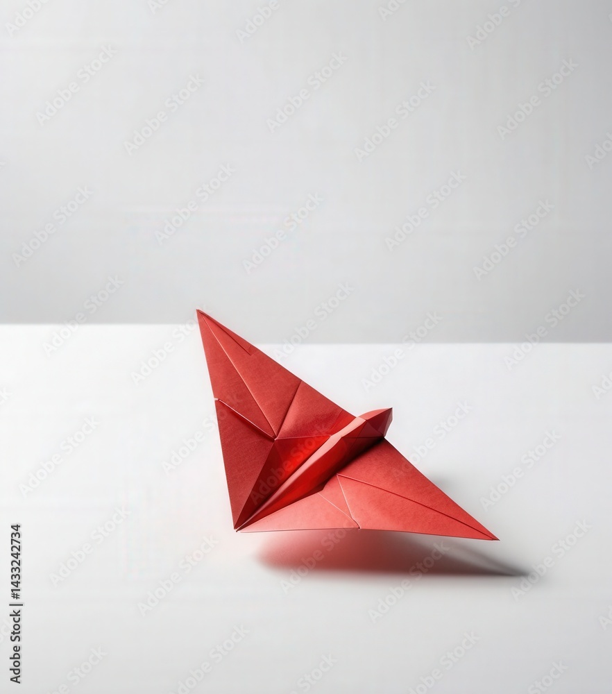 A vibrant red origami bird gracefully rests on a smooth white surface, showcasing intricate folds and sharp angles that highlight its delicate craftsmanship. A vibrant red origami bird gracefully rests on a smooth white surface, showcasing intricate folds and sharp angles that highlight its delicate craftsmanship.