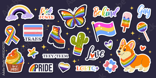Happy Pride Month. LGBTIA stickers set. Isolated badges with signs and symbols, phrases, flags, corgi, butterfly, rainbow, cupcake. Isolated bright elements on dark background. Vector illustrations.