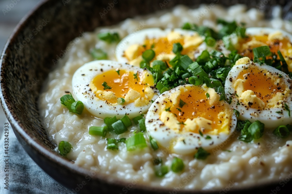 Savory oatmeal topped with boiled eggs and fresh herbs elevating breakfast experience