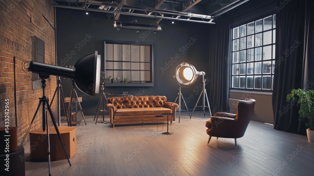 Professional photo studio with sofa and vintage lighting setup