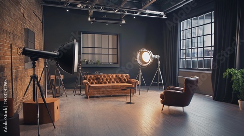 Obraz na płótnie Professional photo studio with sofa and vintage lighting setup w salonie