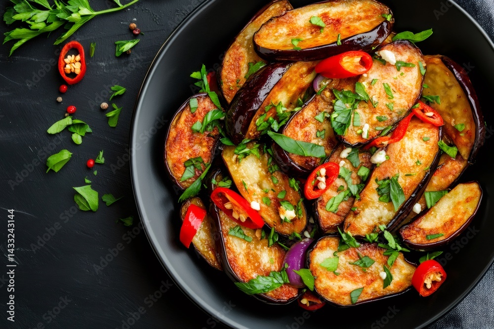 Fried eggplant slices with chili pepper and fresh herbs in black bowl
