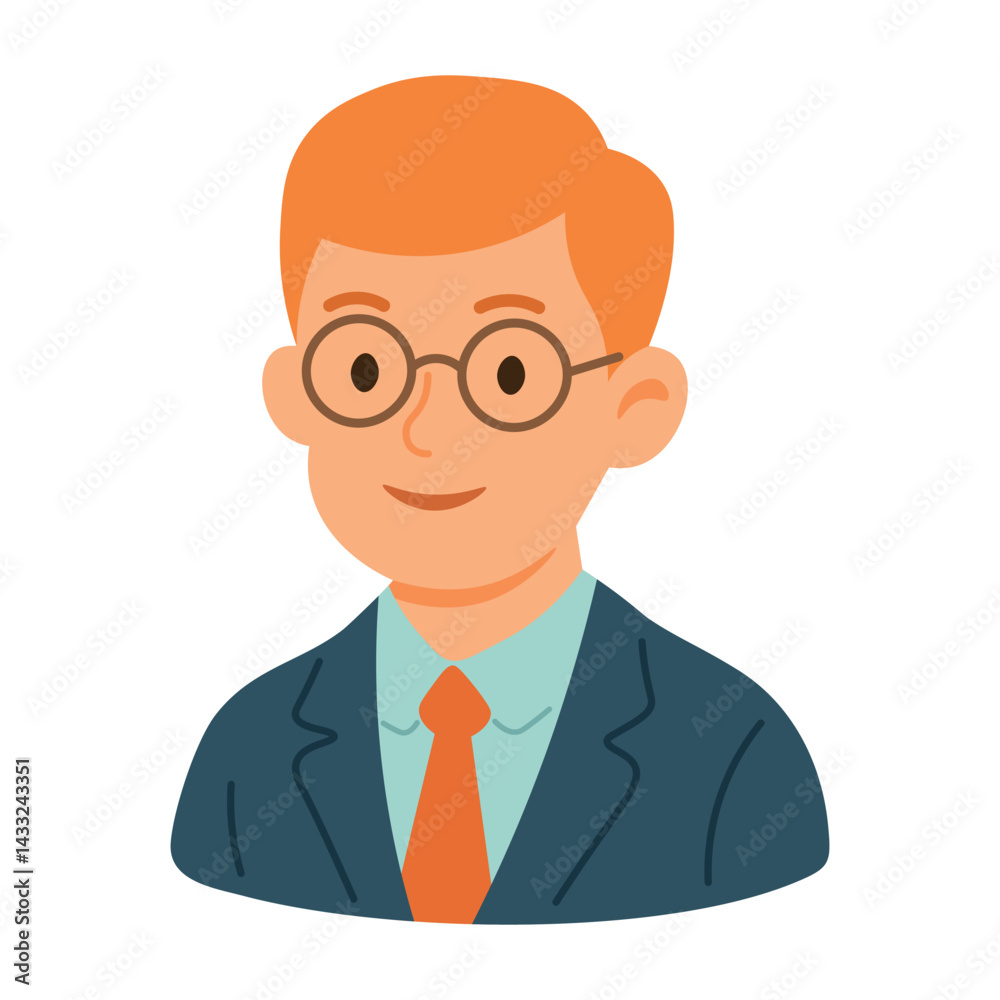 Smiling male teacher in suit and glasses with orange tie. Flat cartoon vector illustration.