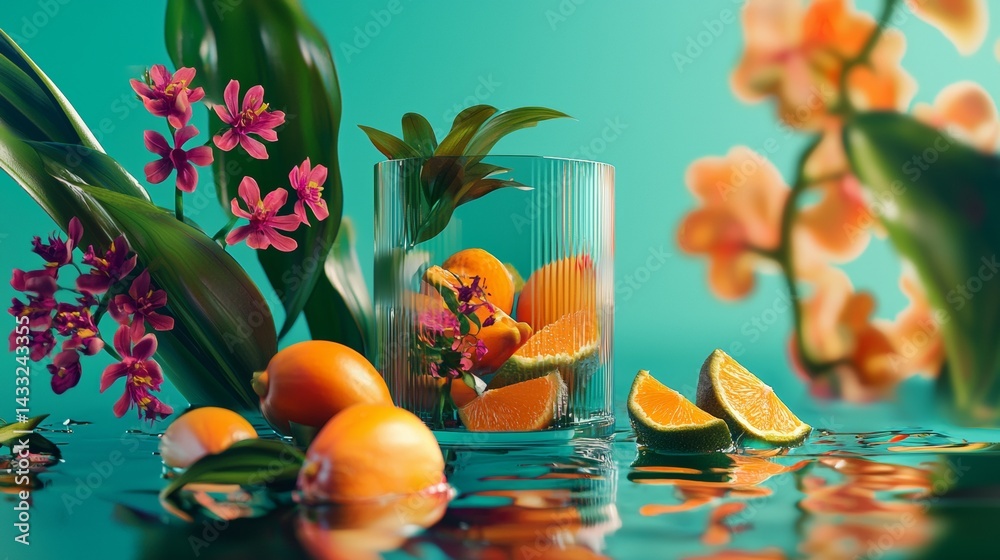 Tropical flowers and fruits on turquoise background