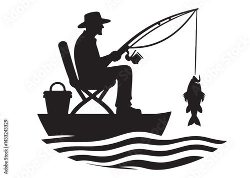 silhouette of fishing logo vector design, fishing logo icon silhouette, catching fish with man vector silhouette, fisherman logo black silhouette on white background.