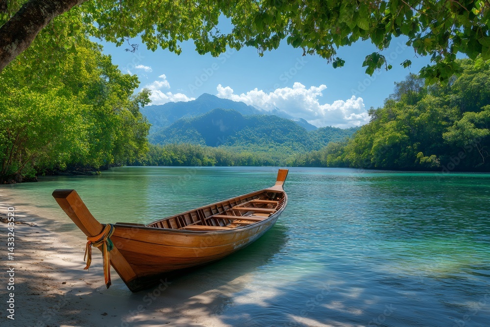 Traditional wooden boat resting on a serene tropical beach in thailand
