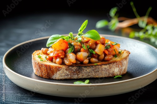 Toasted bread with stewed borlotti beans, tomatoes, and onions, garnished with fresh basil