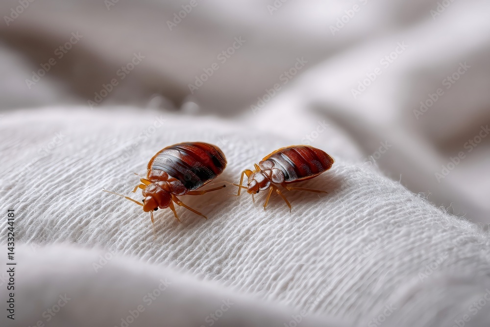 Bed bugs crawling on white fabric, pest control problem