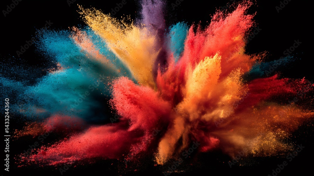 Colorful powder exploding, creating a vibrant plume of colors on a black background
