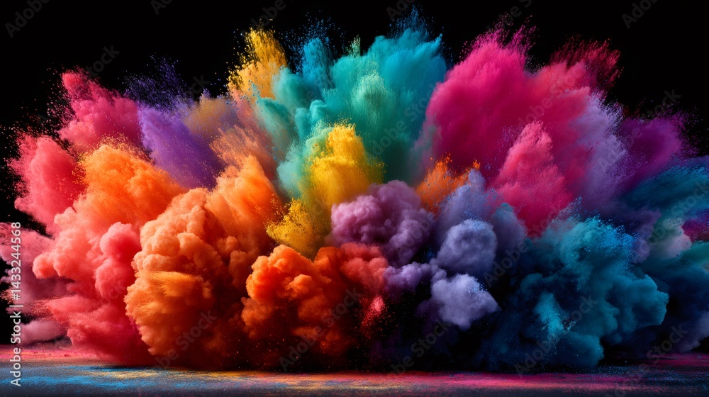 Colorful powder exploding, creating a vibrant cloud of rainbow hues against black background