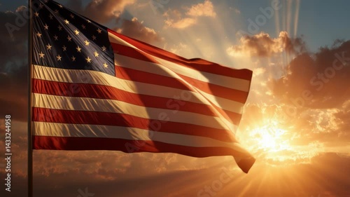 U.S flag waving in the wind against a golden sunset sky background: patriotism and the American pride concept. 4th July. Independence Day