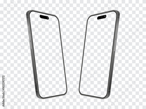 Realistic 3D Perspective Smartphone Mockup – Left and Right Angled Views on Transparent Background. Vector. 
