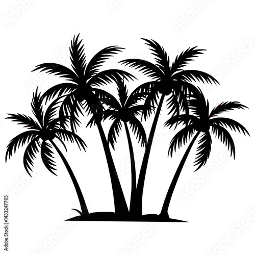Group of palm tree silhouettes on white background representing tropical forest and summer travel