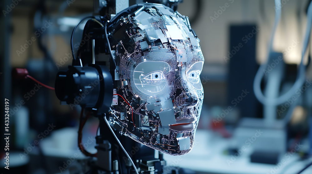 Fototapeta premium A robotic arm in an AI powered lab, assembling AI-driven facial recognition systems for security applications, Security-tech style