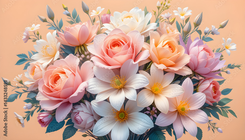 A surreal art depiction of a vibrant flower bouquet featuring roses, lilies, and daisies, glowing softly against a pale orange background. A surreal art depiction of a vibrant flower bouquet featuring roses, lilies, and daisies, glowing softly against a pale orange background.