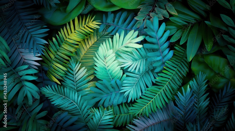 Fototapeta premium Lush green foliage with various tropical leaves creating a vibrant, textured background