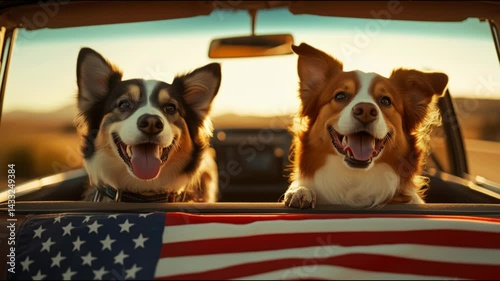 A dog driving a car and carrying a United States flag, celebrating Independence Day on the 4th of July