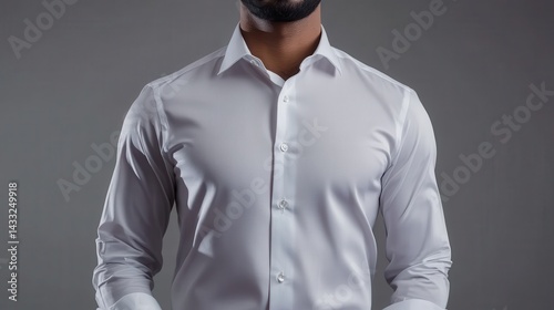 Man wearing a fitted white dress shirt posing confidently against a plain backdrop