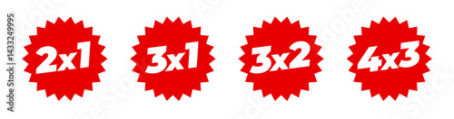 Red starburst labels 2x1, 3x1, 3x2, 4x3 over white background. Special offer striking tag. Sticker for shopping advertising. Vector Commercial tag for store and digital market.
