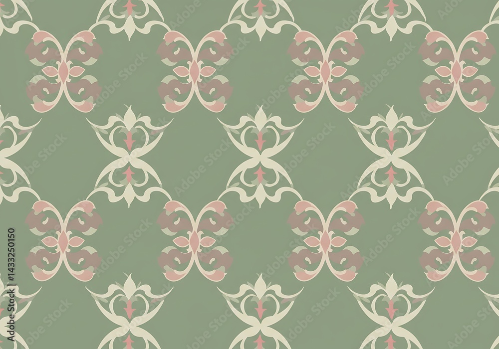 Fototapeta premium Repeating Pattern Design with Ornate Floral Elements on Green Background