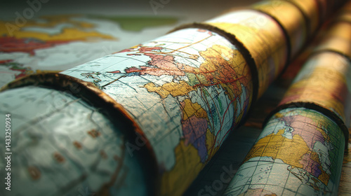 close up view of rolled maps showcasing detailed geographical features and vibrant colors, evoking sense of exploration