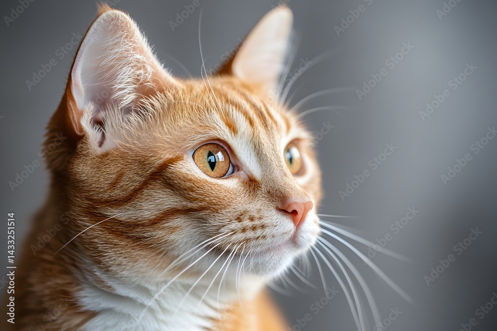Orange tabby cat portrait: Focused gaze soft fur and striking amber eyes Close-up serene and photorealistic.