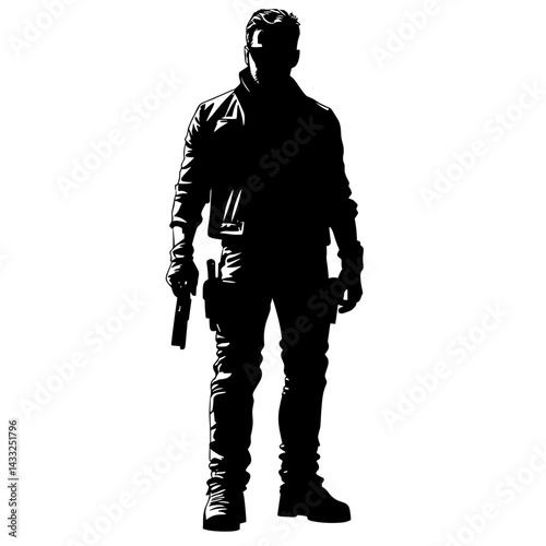Silhouette of a man with a gun in a jacket for action, thriller, and film noir themes
