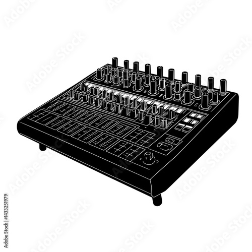 Audio mixer illustration in black and white for music production and sound engineering
