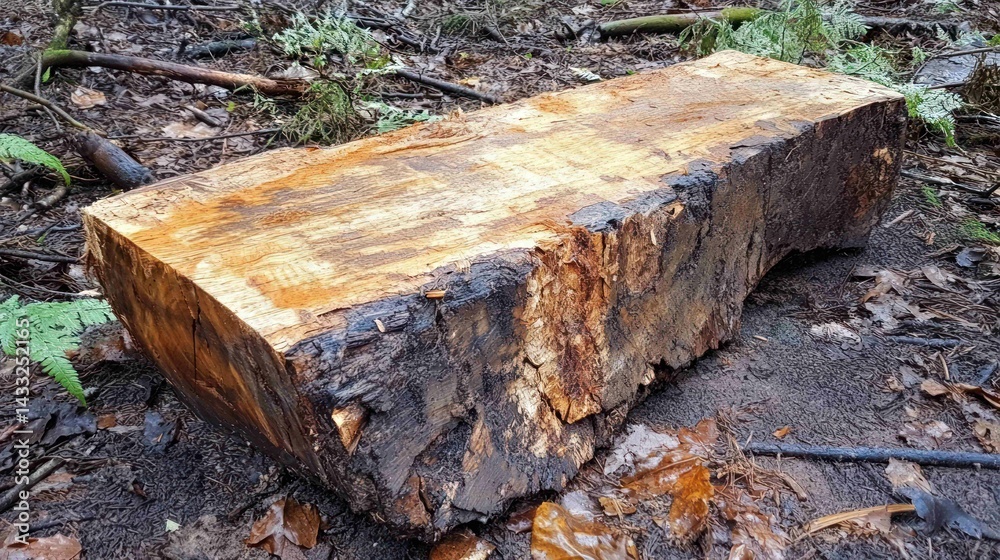 Fototapeta premium Cut log rests, showcasing woodgrain texture, rough bark, wet surface, fallen leaves, and mossy ground.
