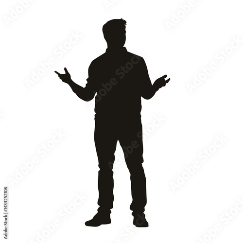 Silhouette of a man gesturing while speaking in black and white for communication and presentation contexts