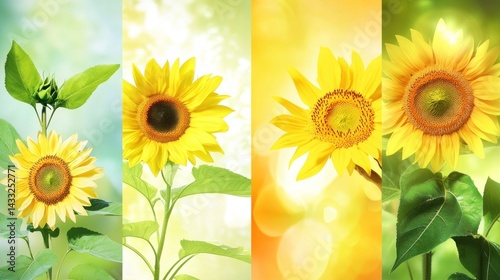 Four vibrant sunflowers in a collage, showcasing different stages of growth and backgrounds