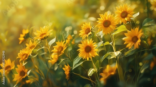 Sunflowers in a field bathed in golden light