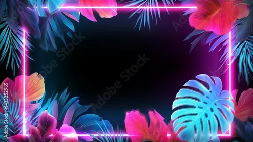 Modern trendy neon glowing light with neon green palm tropical leaves on a blue background. Design template. Frame with copy space for text.