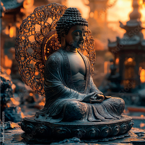 Buddha sculpture in temple meditation. Buddhism religion. Buddha statue in temple. Yoga and meditation.	
