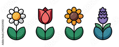 Colorful Cartoon Flowers icon vector Collection