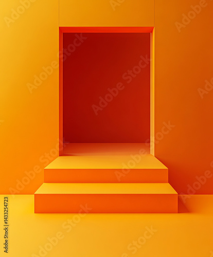 Minimalist orange-themed interior with steps and open doorway in bright monochromatic setup