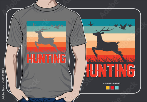 Hunting T-Shirt Design with Deer and Birds
