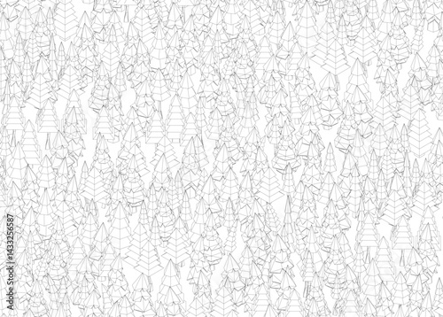 A black and white image of trees. The trees are scattered throughout the image, with some closer to the foreground and others further back. The buildings are also spread out