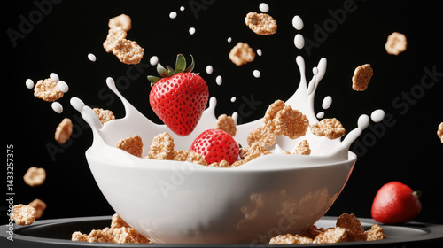 Morning Harmony: A vibrant studio shot showcasing the breakfast of champions. Fresh strawberries and crispy cereal flakes dance in a splash of milk, creating an inviting image of freshness and energy.