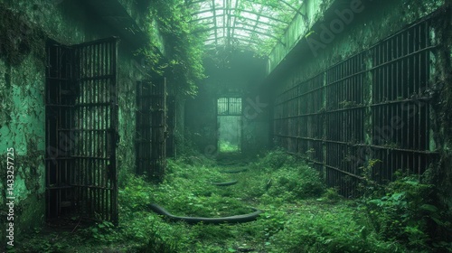 Fototapeta Naklejka Na Ścianę i Meble -  Overgrown, abandoned prison hallway