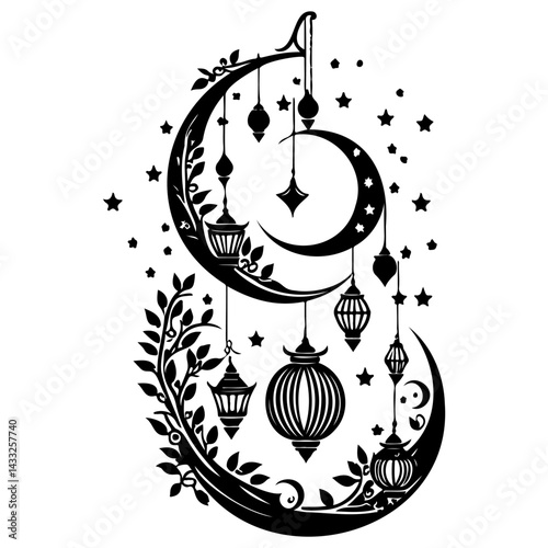 Elegant crescent moon silhouette with festive lanterns and foliage illustration