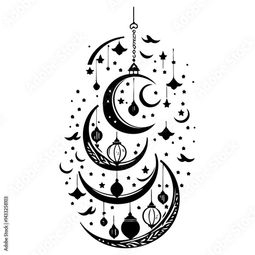 Elegant monochromatic composition featuring crescents, stars, and dangling ornaments