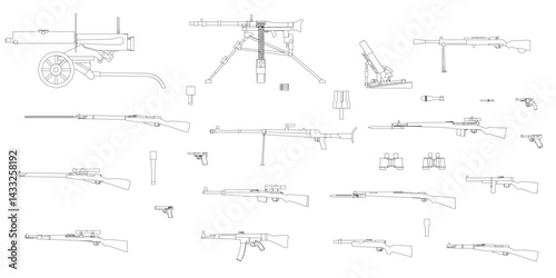 A series of black and white drawings of guns. The drawings are all different sizes and shapes, but they all have a similar theme. Scene is serious and somber, as the drawings depict weapons of war