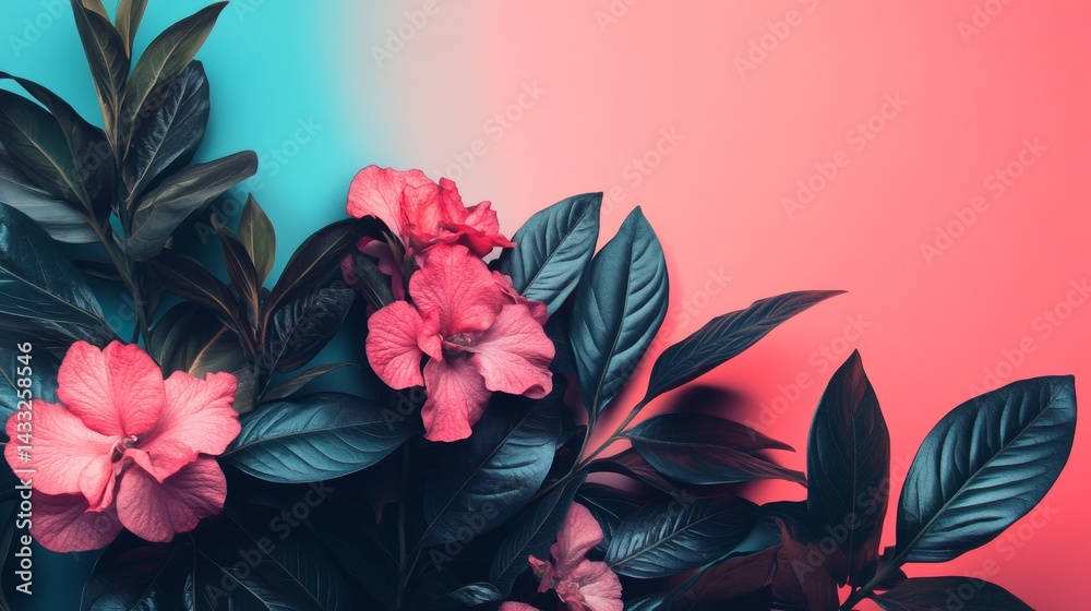 Obraz premium Pink tropical flowers on cyan background with clean flat composition and bright botanical aesthetic