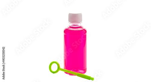 Pink bubble solution bottle with wand on transparent background